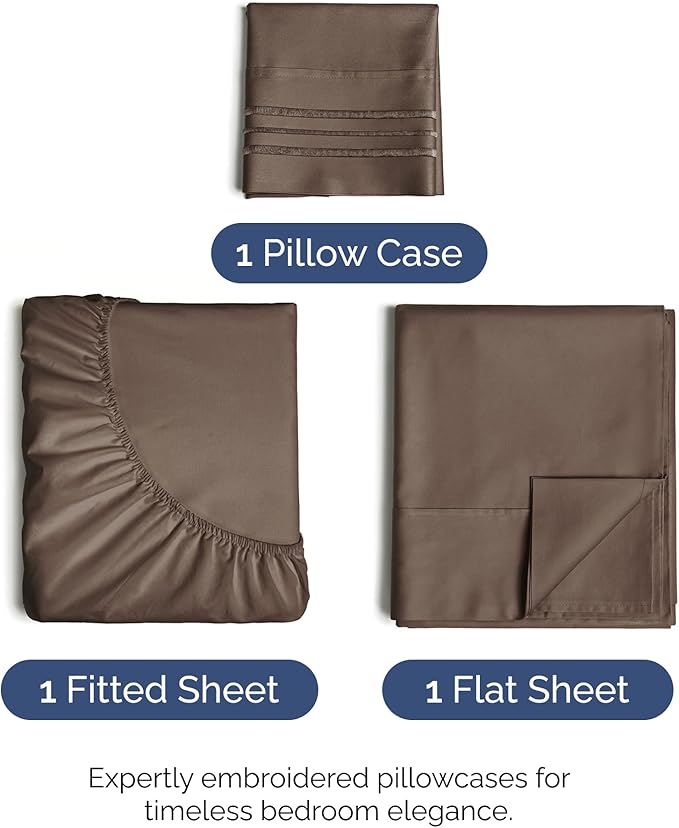 Twin Size 3 Piece Sheet Set - Comfy Breathable & Cooling Bed Sheets Set - Hotel Luxury Bedding for Women, Men, Kids, Teens, Boys & Girls - Deep Pockets, Ultra-Soft and Wrinkle Free - Oeko-Tex - Brown