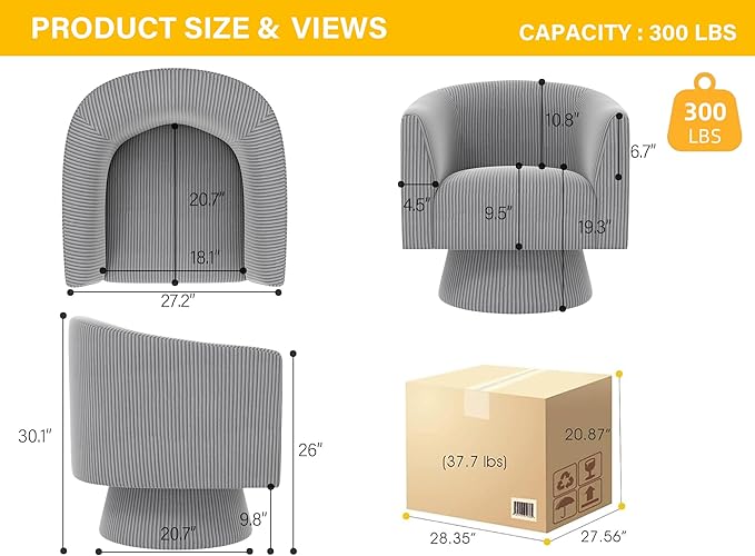 Swivel Accent Chair, Modern 360° Barrel Chair, Corduroy Upholstered Single Sofa for Living Room, Bedroom(Gray)