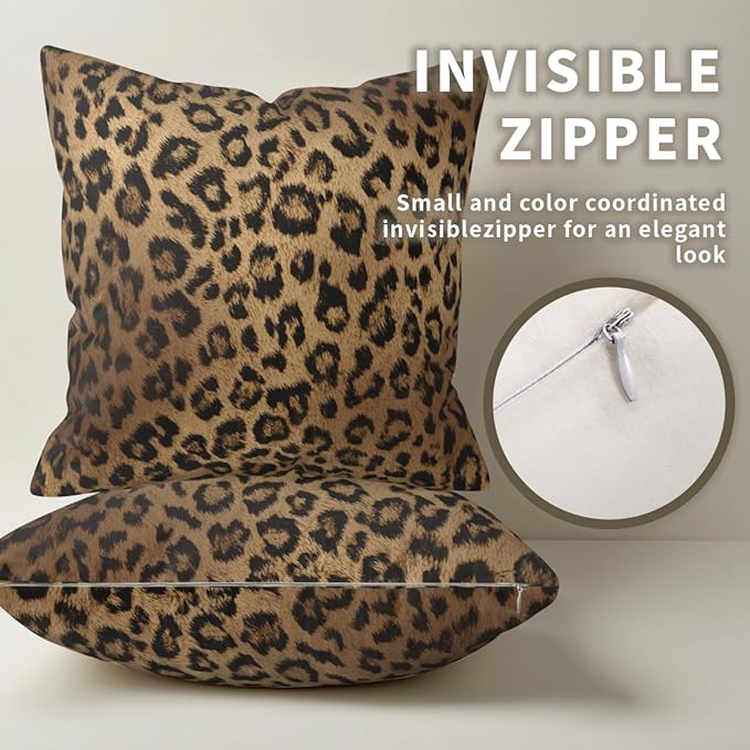 Leopard Print Pillow Cover - Animal Print Throw Pillows Covers 16x16 Set of 2 Brown Black Pillow Cases for Couch Sofa Bedroom