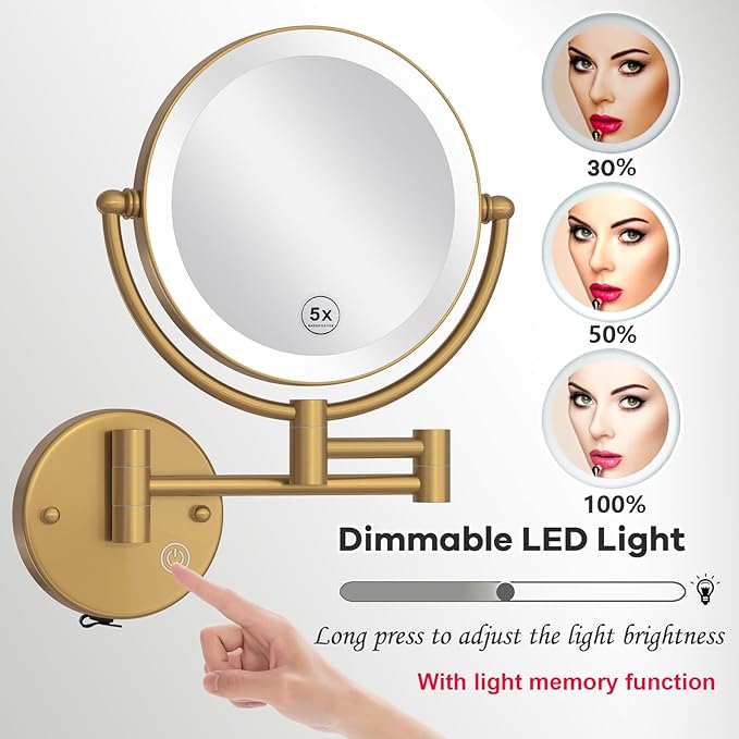 Hardwired Lighted Magnifying Makeup Mirror Wall Mount Gold, 1/5X Double Sided Vanity Mirror Bathroom, Touch Dimming, 360 Rotation Extension Arm Shaving Light up Mirror, Brushed Moderne Brass