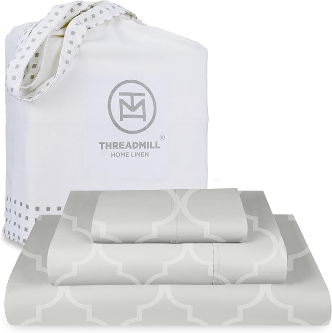 Threadmill Cotton Twin XL Sheet Set | 100% Cotton Sheets for Twin XL Size Bed | Damask Jacquard Sateen Twin XL Bed Sheets Set with 16” Deep Pocket | Soft Breathable 3-Piece Cooling Sheets | Light Grey