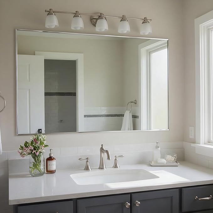 24x40 Inch Nickel Bathroom Mirror for Wall, Aluminum Frame Rectangle Rectangular Vanity Mirror, Modern Large for Bedroom, Living Room, Horizontal or Vertical