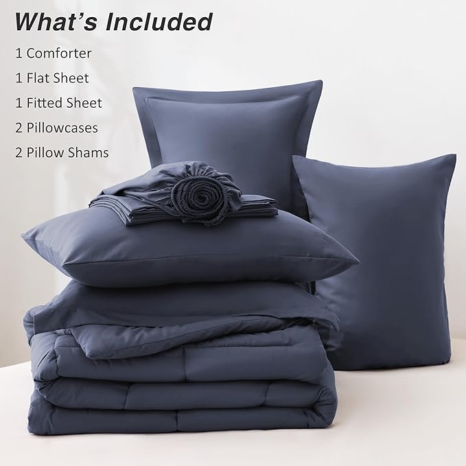 Love's cabin Queen Comforter Set Indigo Blue, 7 Pieces Queen Bed in a Bag, All Season Bedding Sets with 1 Comforter, 1 Flat Sheet, 1 Fitted Sheet, 2 Pillowcase and 2 Pillow Sham