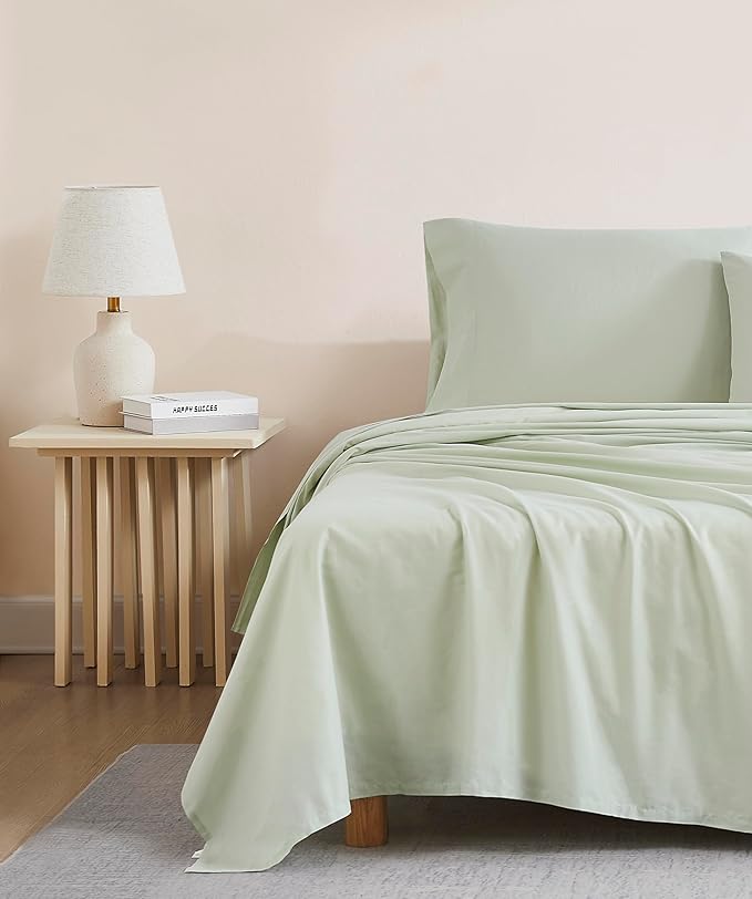 Linen Closet Organic 100% Cotton Queen Sheet 4 Pcs Set, 18” Deep Pocket, Light Green | Lightweight, Eco-Friendly Cotton, Percale Softness, Durable & Breathable, Naturally Cooling | All Season Comfort