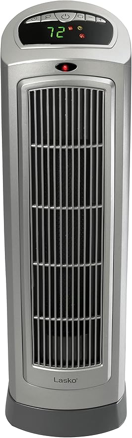 Lasko Oscillating Digital Ceramic Tower Heater for Home with Adjustable Thermostat, Timer and Remote Control, 23 Inches, 1500W, Silver, 755320