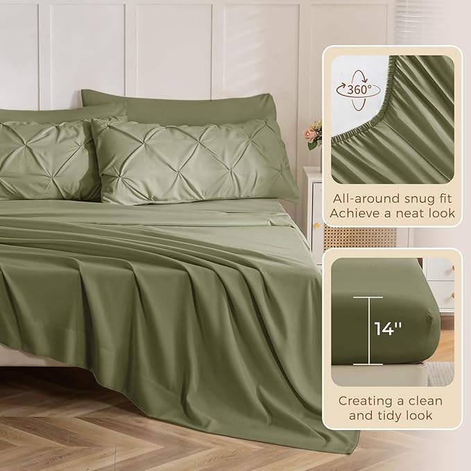 Sasttie Twin XL Comforter Set, 5-Piece Bed in a Bag, Pintuck Bedding Sets for All Season, Includes Comforter, Flat Sheet, Fitted Sheet, Pillowcase and Pillowsham, Olive Green