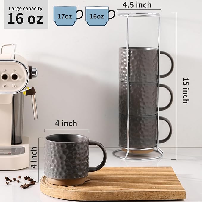 Nihow Ceramic Coffee Mug Set of 4, 16OZ Stackable Coffee Mug Set with Stainless Stand,Large Cup Set for Cappuccino,Tea,Hot/Cold Drinks,Dishwasher & Microwave Safe,Matte Gray