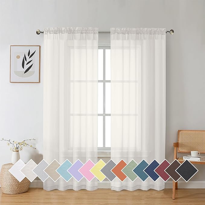 Aiyufeng Beautiful Sheer Curtains for Living Room, Chic Sheer Curtains Window Treatment Semi Sheer Privacy Drapes for Farmhouse/Cottage, W40 x L72, Ivory, 1 Pair
