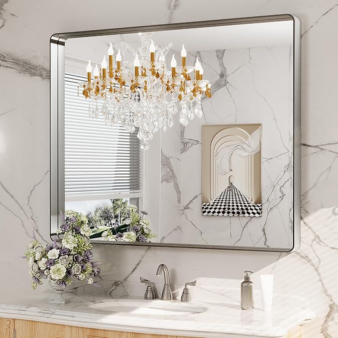 LOAAO 40X36 Inch Brushed Nickel Bathroom Mirror, Rounded Rectangle Silver Metal Frame Mirror, Brushed Nickel, Anti-Rust, Shatter Proof, Hangs Horizontally or Vertically
