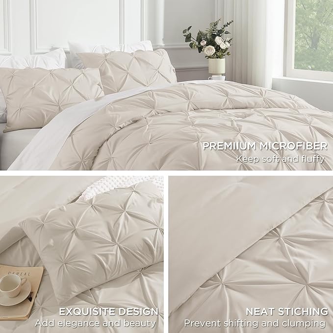 Andency Beige Comforter Set Twin(66x90Inch), 2 Pieces Comforter for Girls Kids, Soft Microfiber Pinch Pleat Comforter Set, All Season Lightweight Bedding Set