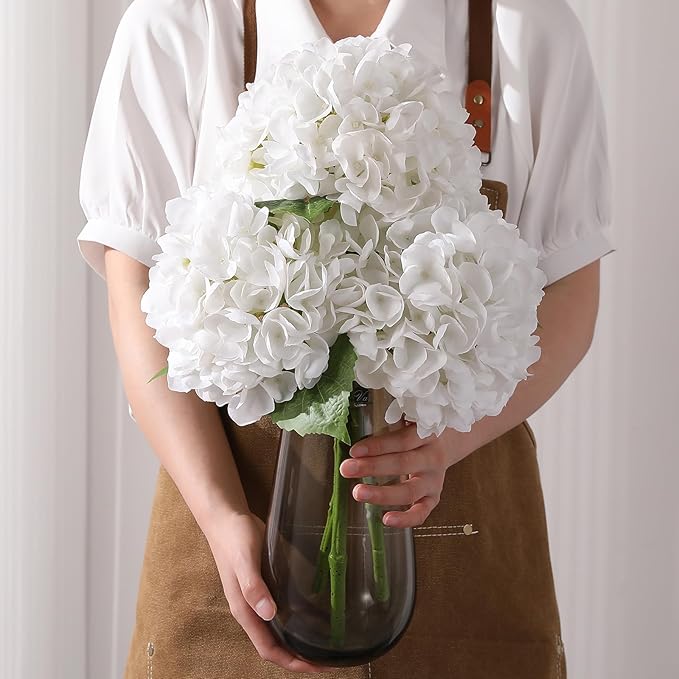 Nubry 22.44In White Hydrangea Artificial Flowers, 3Pcs Latex Faux Real Touch Large Hydrangea Flowers with Long Stems & Leaves for Home Office Decor Wedding Party Arrangements(White)