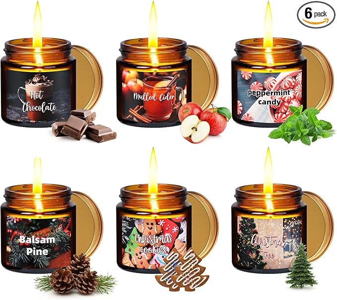 6 Pieces Christmas Scented Candle Christmas Candle Gift Set Christmas Tree,Cookies,Candy,Pine,Chocolate,Mulled Cider Candle for Christmas Decoration