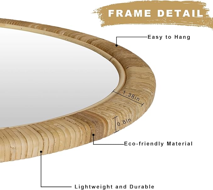 Rattan Round Wall Mirror, 28in Rattan Mirror for Wall, Rattan Frame Boho Mirror for Farmhouse Bedroom Checkroom Livingroom Decor (Natural Rattan)