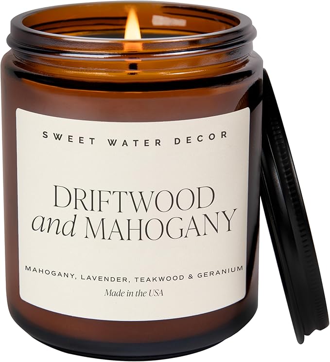 Sweet Water Decor Driftwood and Mahogany Soy Candle - Fresh Lavender, Geranium, Warm Mahogany, and Earthy Wood Scented Candles for Home - 9oz Amber Jar + Metal Lid, 40+ Hour Burn Time, Made in the USA