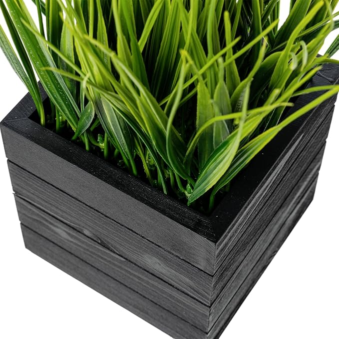MyGift Artificial Green Grass Plants in Vintage Black Wood 4 Inch Planter Boxes, Faux Greenery in Decorative Square Crate Style Wooden Containers, Set of 3