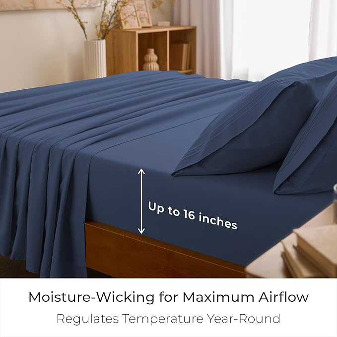 Mellanni California King Sheets Set - 4 PC Iconic Collection Bedding - Hotel Luxury, Extra Soft, Cooling Bed Sheets - Wrinkle, Fade, Stain Resistant (Cal King, Blue Nova)