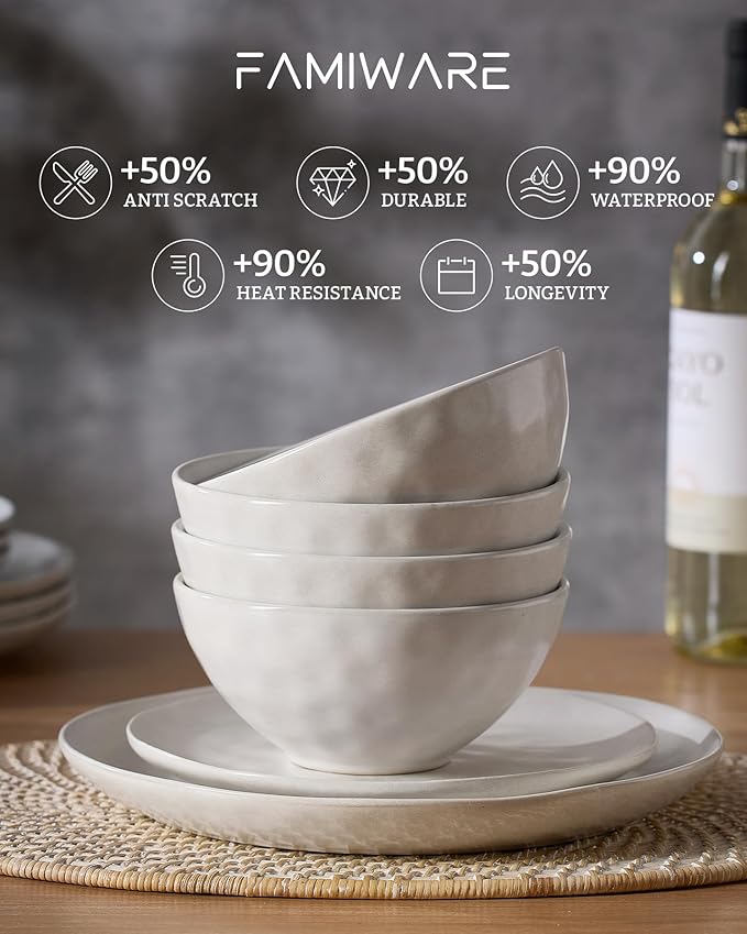 Famiware Dinnerware Sets for 6, Ocean Round 18-Piece Kitchen Plates and Bowls Sets, Microwave and Dishwasher Safe, Scratch Resistant, Matte White