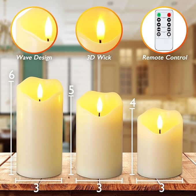 Homemory Flickering Flameless Candles, Realistic LED Candles with Remote and Timer, Real Wax Battery Operated Candles, Set of 3, Ivory