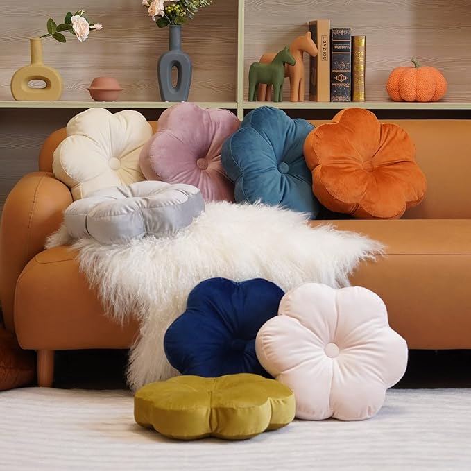 ARTMAGIC Flower Shaped Velvet Decorative Throw Pillow Cushion Ultra Soft Cute Floor Pillow for Couch Bed Sofa (Peacock Blue)
