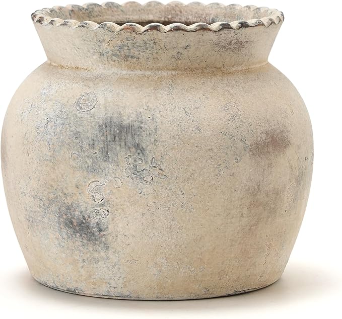 SIDUCAL Ceramic Flower Vase with Wide Mouth Lace, 5.1 Inch Pottery Rustic Farmhouse Boho Vases, Small Terracotta Vase for Home Decor, Table, Living Room, Bathroom, Shelf, Wedding, Terra