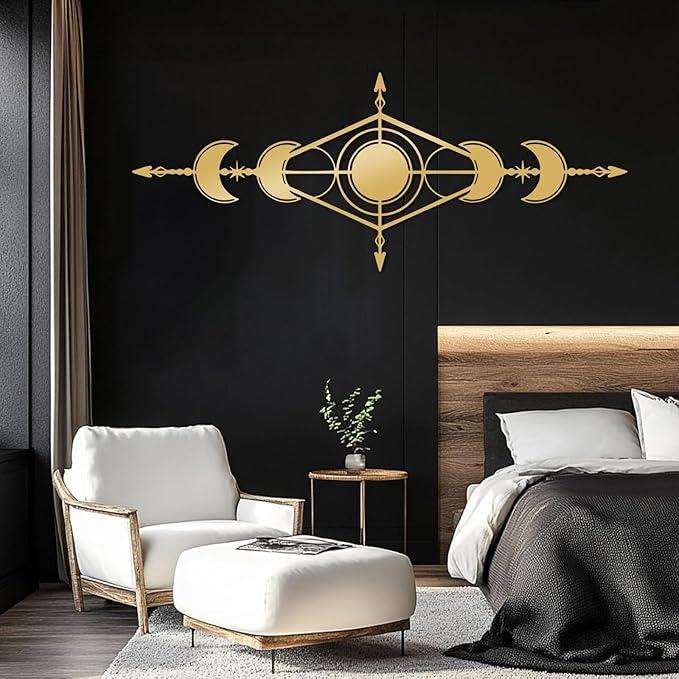 Hfrolixit Moon Phase Metal Wall Decor, Boho Moon Metal Wall Art, Celestial Wall Decor, Scandinavian Natural Wall Art, Astrology Wall Hanging (White, 48"x19"/121x49cm)