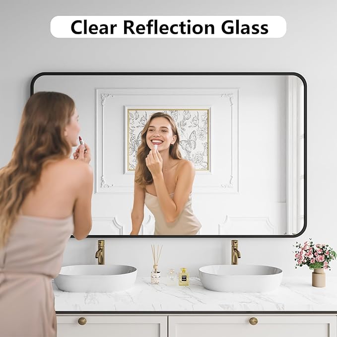 Koonmi Bathroom Mirror, 36X60 Inch Black Metal Framed Mirror for Bathroom, Tempered Glass, Anti-Rust, Rounded Rectangle Mirror for Restroom, Bedroom, Black