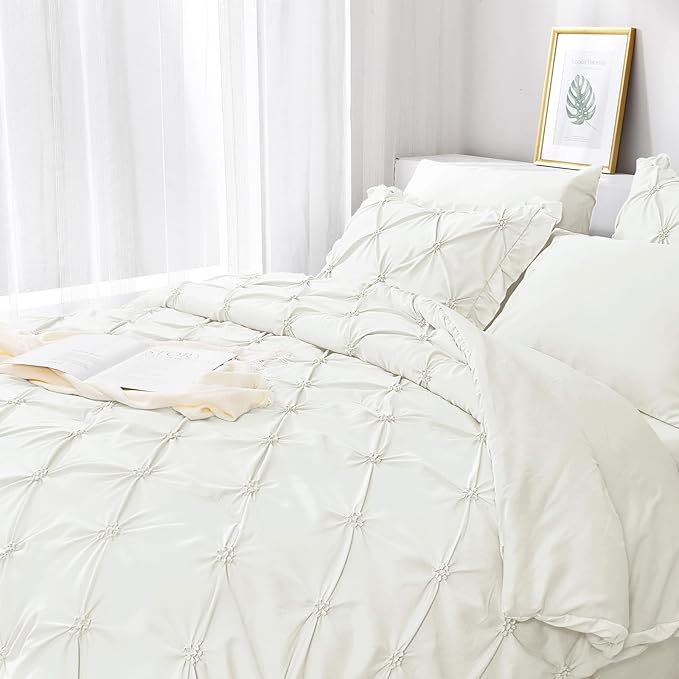 JOLLYVOGUE Ivory King Size Comforter Sets 7 Pieces, Pintuck Bed in a Bag Comforter Set for Bedroom, Bedding Comforter Sets with Comforter, Sheets, Ruffled Shams & Pillowcases