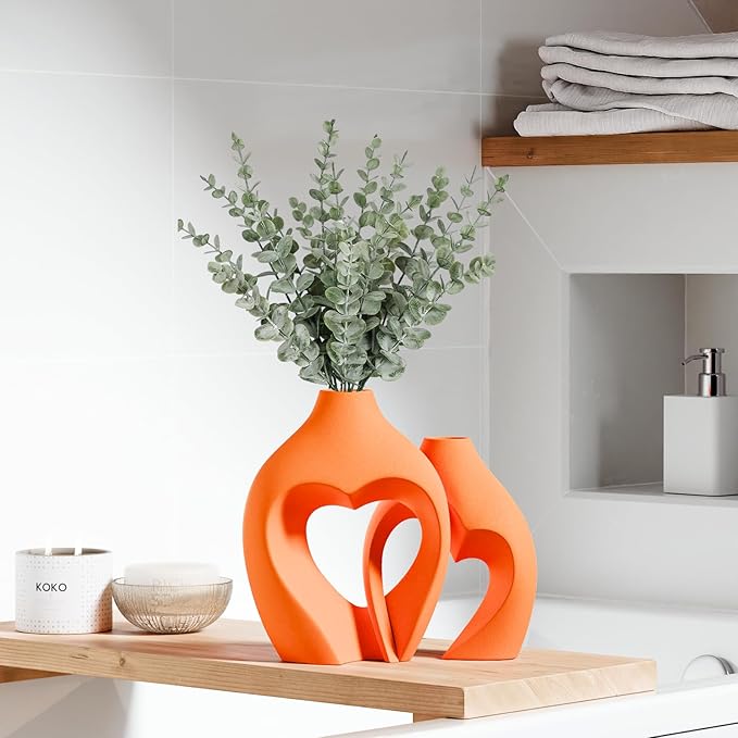 Orange Vases for Decor, Heart Shaped Ceramic Vase Set of 2, Nordic Heart Shaped Vases, Minimalist Decorative Vase for Table Centerpiece Wedding Dining Living Room Office House Decoration