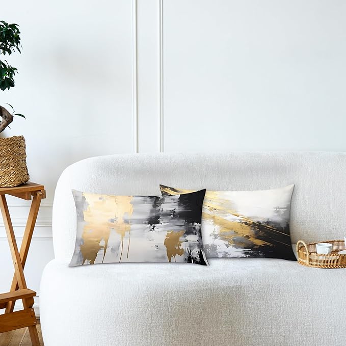 Black and Gold Pillow Covers 12x20 Set of 2, Abstract White Modern Covers for Couch Bed Living Room