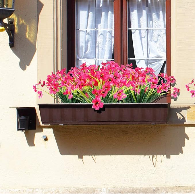 12 Bundles Artificial Flowers Outdoor UV Resistant Fake Flowers No Fade Faux Plastic Plants Garden Porch Window Box Decorating(Rose red)