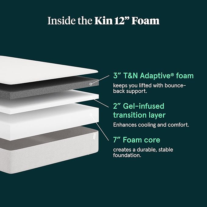 Tuft & Needle Kin Medium 12" Full Adaptive Foam Mattress in a Box, Cooling Gel, Pressure Relief, Durable Support, 100 Night Trial, Fiberglass-Free, CertiPUR-US, 10-Year Limited Warranty