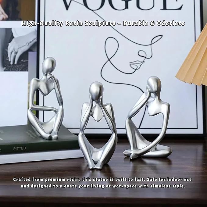 Thinker Statue Decor, Abstract Resin Sculpture – Modern Art Figurine for Home, Office, Bookshelf, Desk Decoration | Meaningful Housewarming, Birthday, Graduation Gift (Silver)