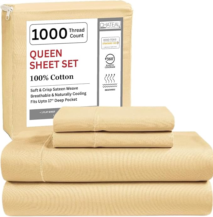 CHATEAU HOME COLLECTION 100% Cotton Sheets Queen Size - 1000 Thread Count Luxury Sateen Weave- 15" Deep Pocket Queen Sheet Set- Machine Washable Fade Restistant- Semolina