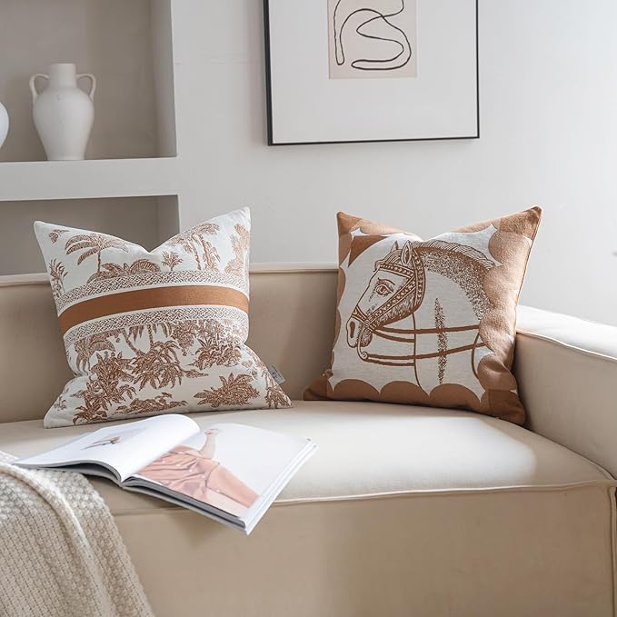 Premium Throw Pillow Covers 18x18 Inches - Jungle with Tawny Birch Palm Tree Chenille Jacquard Embroidery Decorative Couch Pillow Covers for Living Room Bedroom Sofa