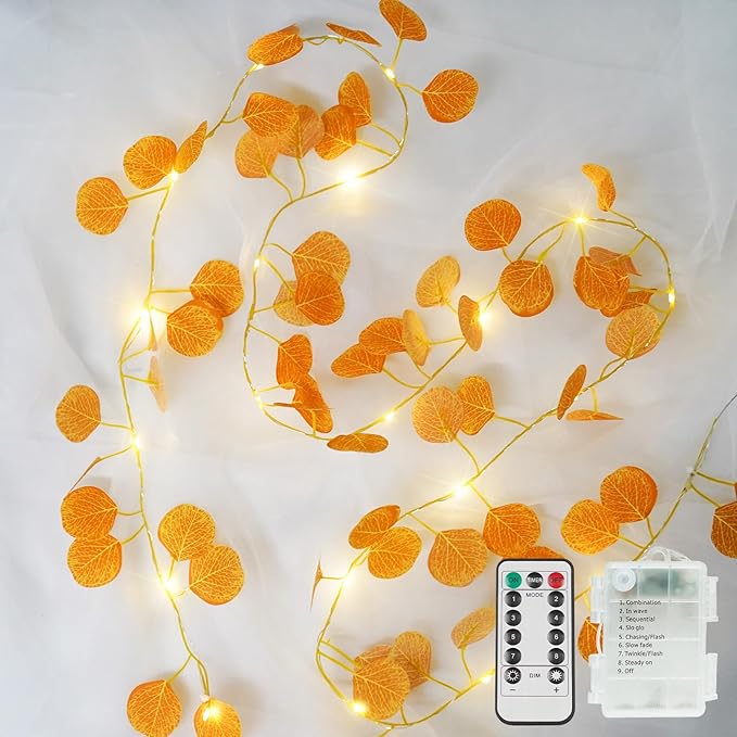 suddus Vine with Fairy Lights Battery Operated, 33ft 100 LED Eucalyptus Leaf String Lights with Remote, Dimmable Fall Garland with Lights for Bedroom Indoor Thanksgiving Christmas Decor (Warm White)