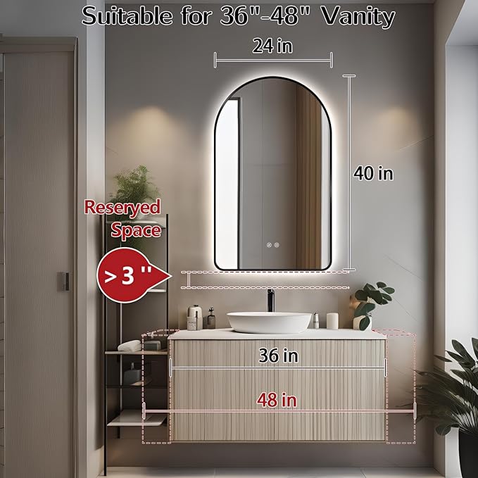 Niccy Arched LED Lighted Bathroom Mirror, 40x24 Inch Backlit Vanity Bathroom Mirror with Lights Brushed Black Framed Wall Mounted Mirrors with 3 Color Shatterproof Arch Smart Fog Free Mirror