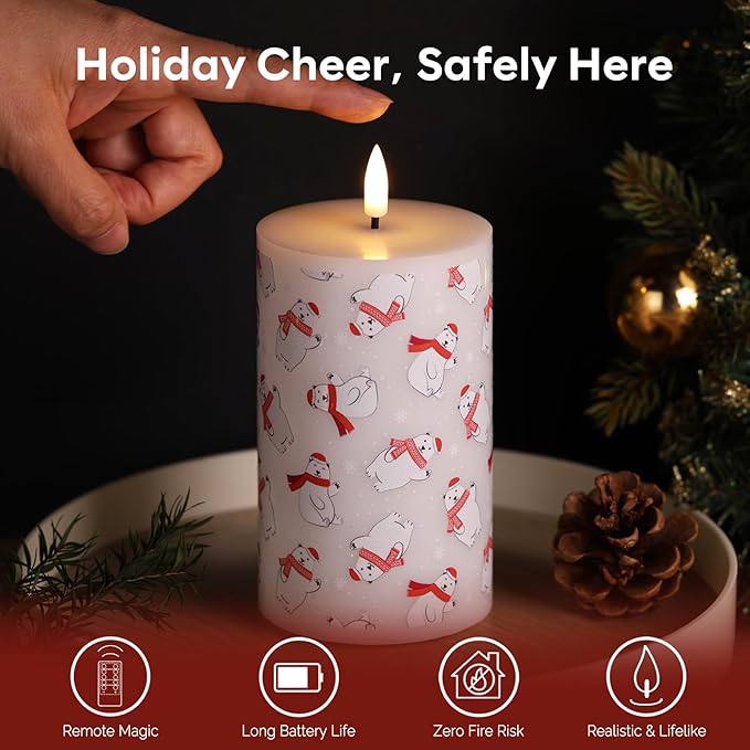 Eywamage Christmas Flameless Pillar Candles with Remote Timer, Battery Powered Bear Candles, Flickering LED Wax Candlles Set of 3