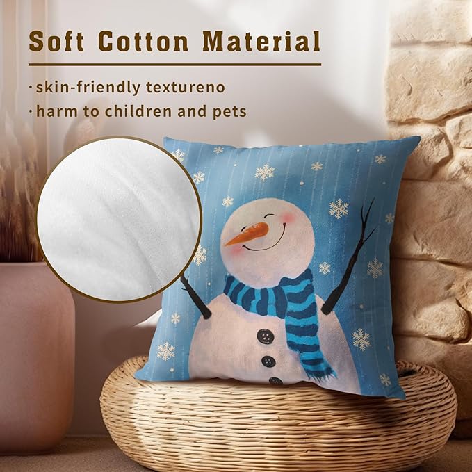 Winter Snowman Throw Pillow Covers - Buffalo Plaid Trees Pillow Covers 22x22 Set of 2 Snowflake Pillowcases Ice Crystal Snow Cushion Covers for Home Sofa Bed