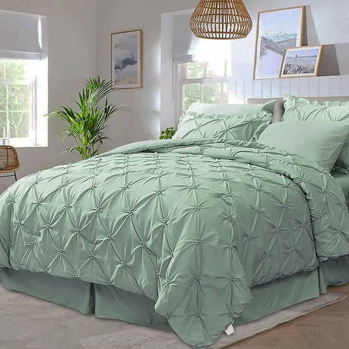 JOLLYVOGUE Green Full Size Comforter Sets 7 Pieces, Pintuck Bed in a Bag Comforter Set for Bedroom, Bedding Comforter Sets with Comforter, Sheets,Ruffled Shams & Pillowcases
