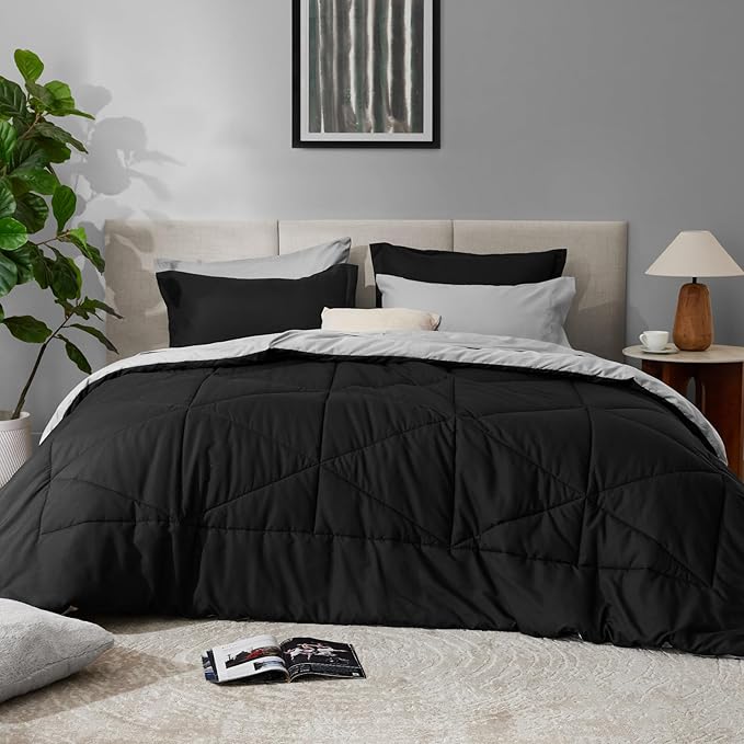 BEDELITE Full Comforter Set 7 Pieces Bed in A Bag - Soft Microfiber Reversible Black Bed Set with Comforters, Sheets, Pillowcases & Shams, Cozy Luxury Bedding Sets for All Season