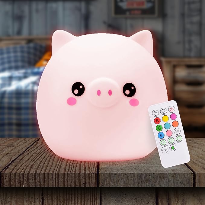 Lumipets Remote Control Silicone Night Light for Kids - Pig Design with 9 Soft Colors & Sleep Timer - Rechargeable, Battery-Operated Lamp for Bedroom | Baby Nursery, Toddler, Girls, Boys