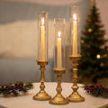 NUPTIO Hurricane Candle Holder for Centerpiece: Set of 3 Gold Candlestick Holders with Glass Shade - Vintage Taper Candleholder for Christmas Dining Table Fireplace Mantle Decor