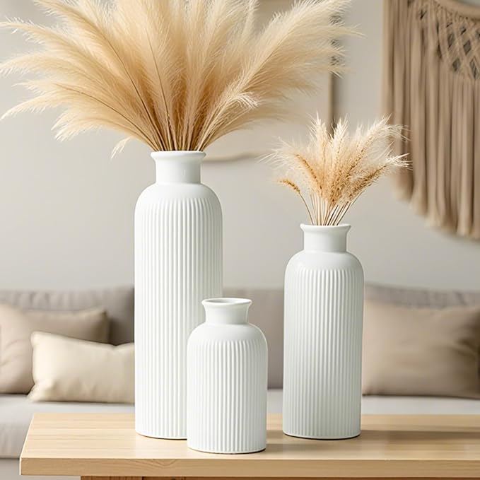 Modern Ceramic Vase Set, White Ribbed Matte Design, 3-Piece Decorative Vases for Home, Living Room, Office (White)