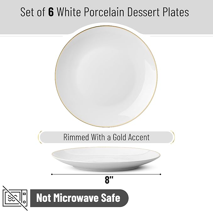 BTaT- White Dessert Plates with Gold Rim, Set of 6, 8" Round, Porcelain, Elegant Style, Dinner Plates, Christmas Gifts
