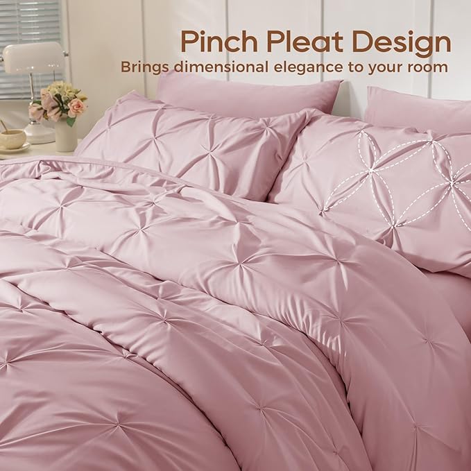 Sasttie Full Size Comforter Set, 7-Piece Bed in a Bag, Pintuck Bedding Set for All Season, Includes Comforter, Flat Sheet, Fitted Sheet, Pillowcases and Pillowshams, Baby Pink