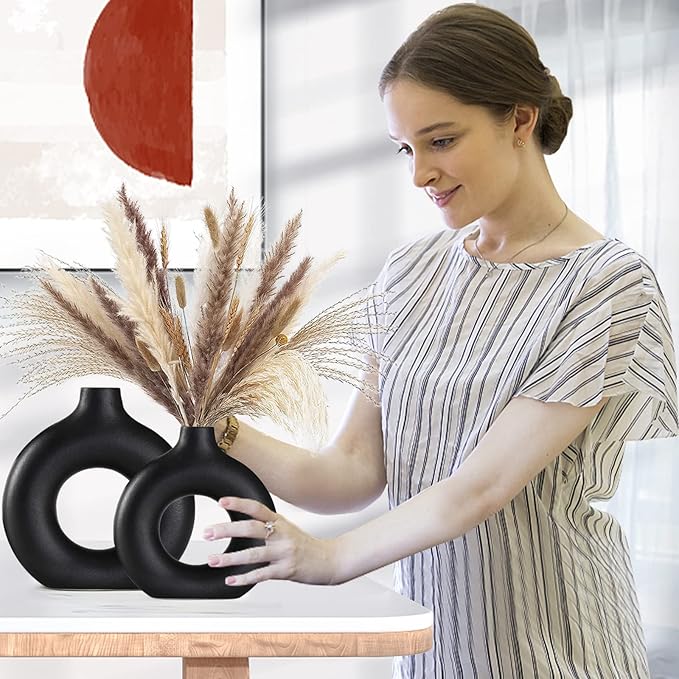 Black Ceramic Vase Set of 2 for Modern Boho Decor,Round Matte Pampas Flower Vases Minimalist Nordic Boho Ins Style for Wedding Dinner Table Party Living Room Office Bedroom, Decorative Gift