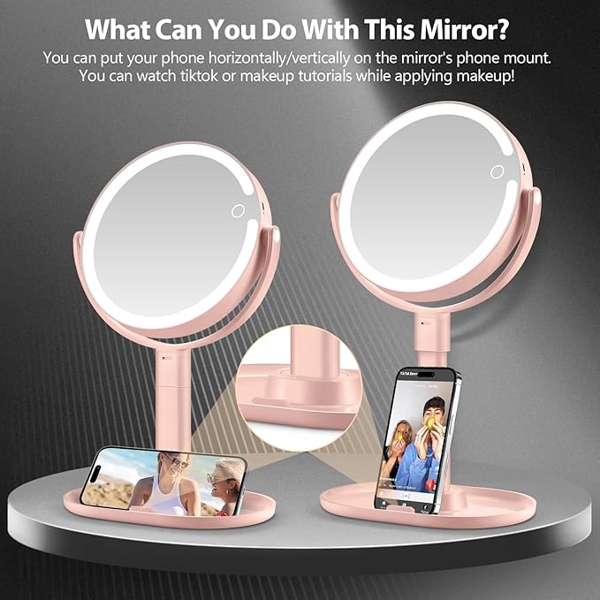 MIYADIVA Makeup Mirror with Lights, 20X Magnifying Mirror with Light and Touch Switch, Vanity Mirror with 3 Color Light and 80 LEDs, Height Adjustable Desk Mirror with Light, Pink