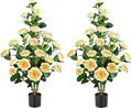 Faux Outdoor Plants 2 Pcs - 39’’ Artificial Camellia Tree Potted with Yellow Flowers, Artificial Plants Outdoor Porch Front Door Garden Indoor Office Home Wedding Decor Housewarming Gift