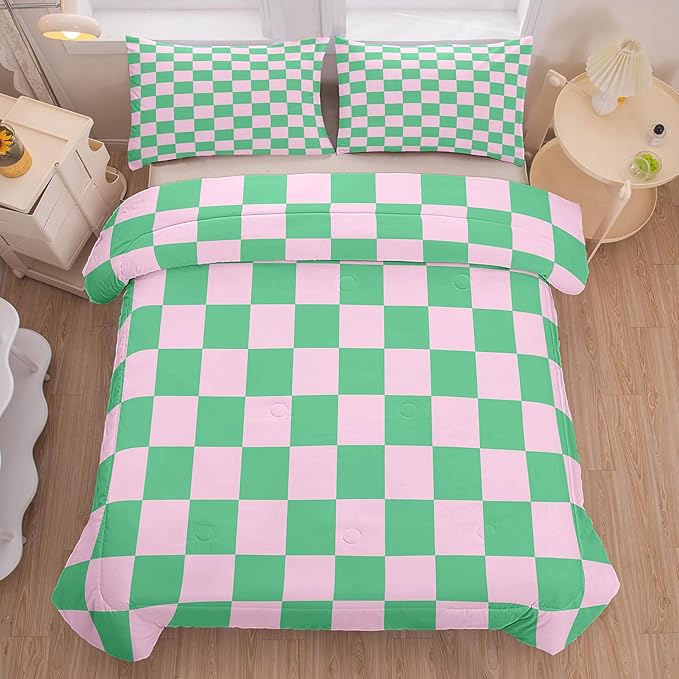 Tailor Shop Green Pink Plaid Comforter Sets King Women Men Green Checkerboard Grid Bedding Boys Girls Modern Grass Checkered Geometric Quilts Aesthetic Room Decor with 2 Pillowcases…