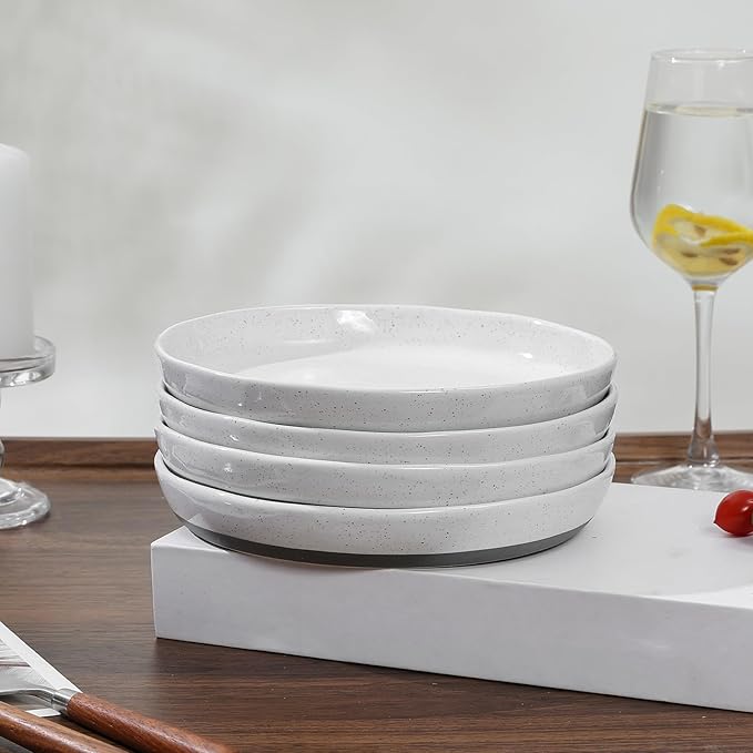 8-Inch Stoneware Dinner Plates - 4 Piece Ceramic Plates for Pasta, Salad, or Appetizers - Microwave and Dishwasher Safe, Plates Set for Casual Dining or Formal Gatherings,White(Grey Bottom)